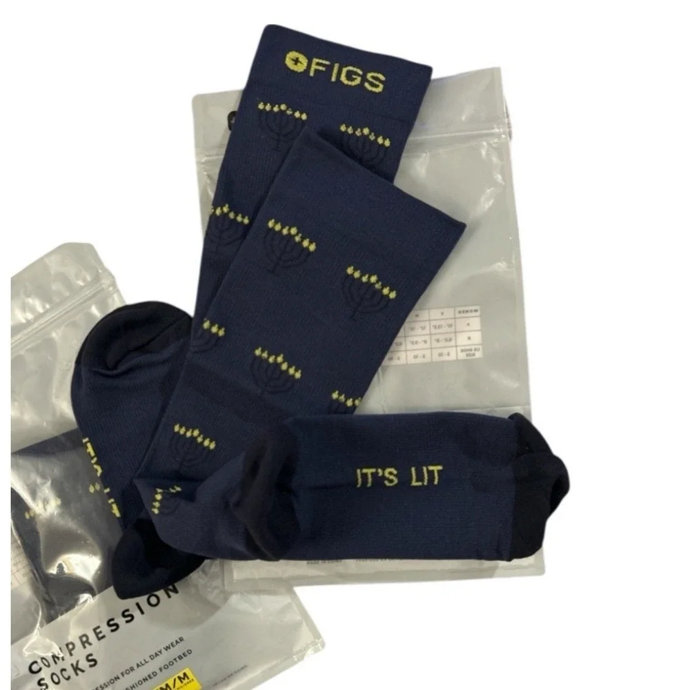 Figs Hanukkah Menorah Compression Socks Navy Blue Its Lit Mens Womens M/M New